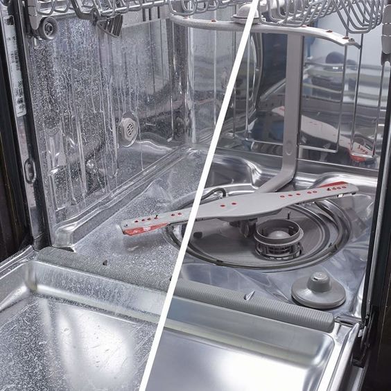 Dishwasher with mineral residue beside a clean dishwasher interior