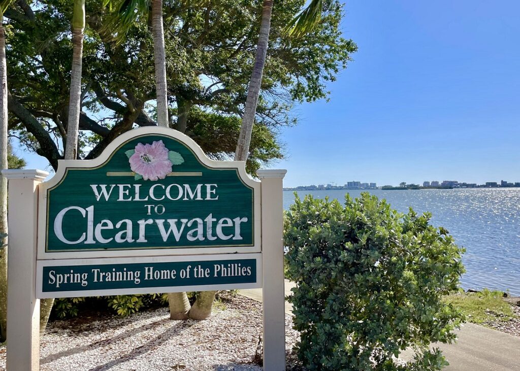 Welcome to Clearwater, Florida sign by the water
