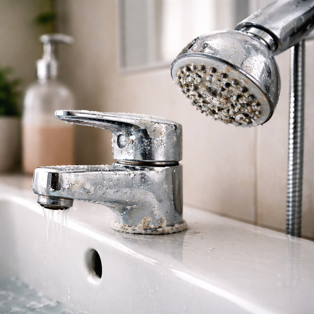 Hard water buildup on fixtures and plumbing